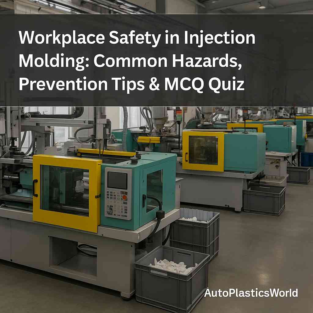 Injection molding shopfloor with multiple machines running, highlighting workplace safety training for mold handlers, operators, and maintenance teams